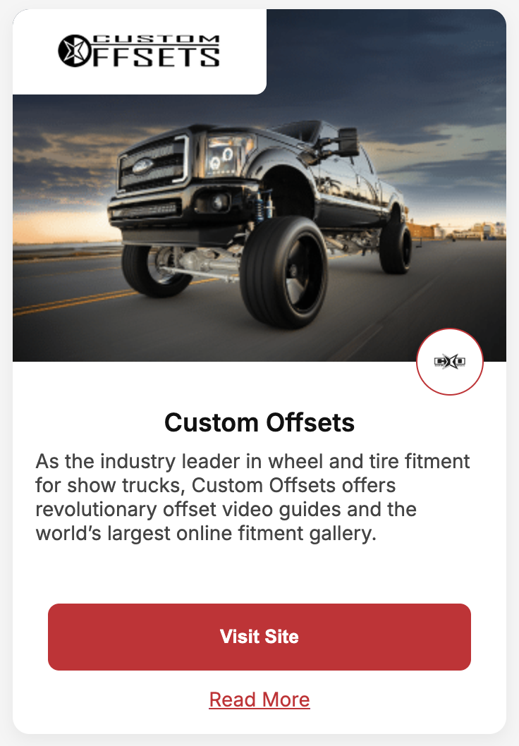 Division card component — Custom Offsets with vehicle image, logo, description and Visit Site CTA